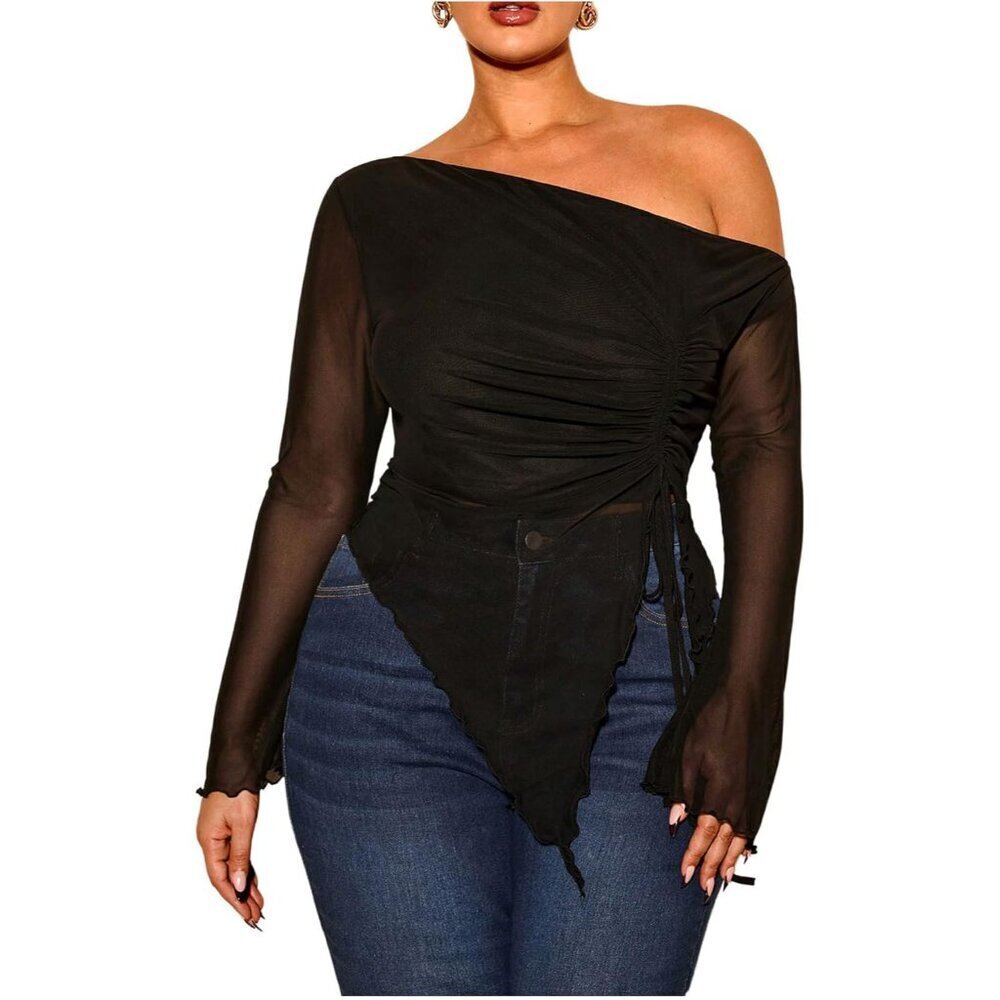 Women's Plus Size Sheer Mesh Off Shoulder Long Sleeve Top Casual Party